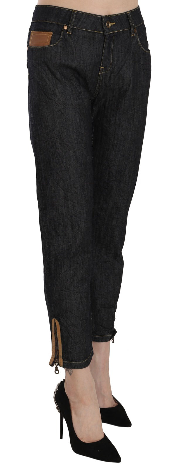 Dark blue denim high waist straight cropped trousers with brown trim and ankle zippers