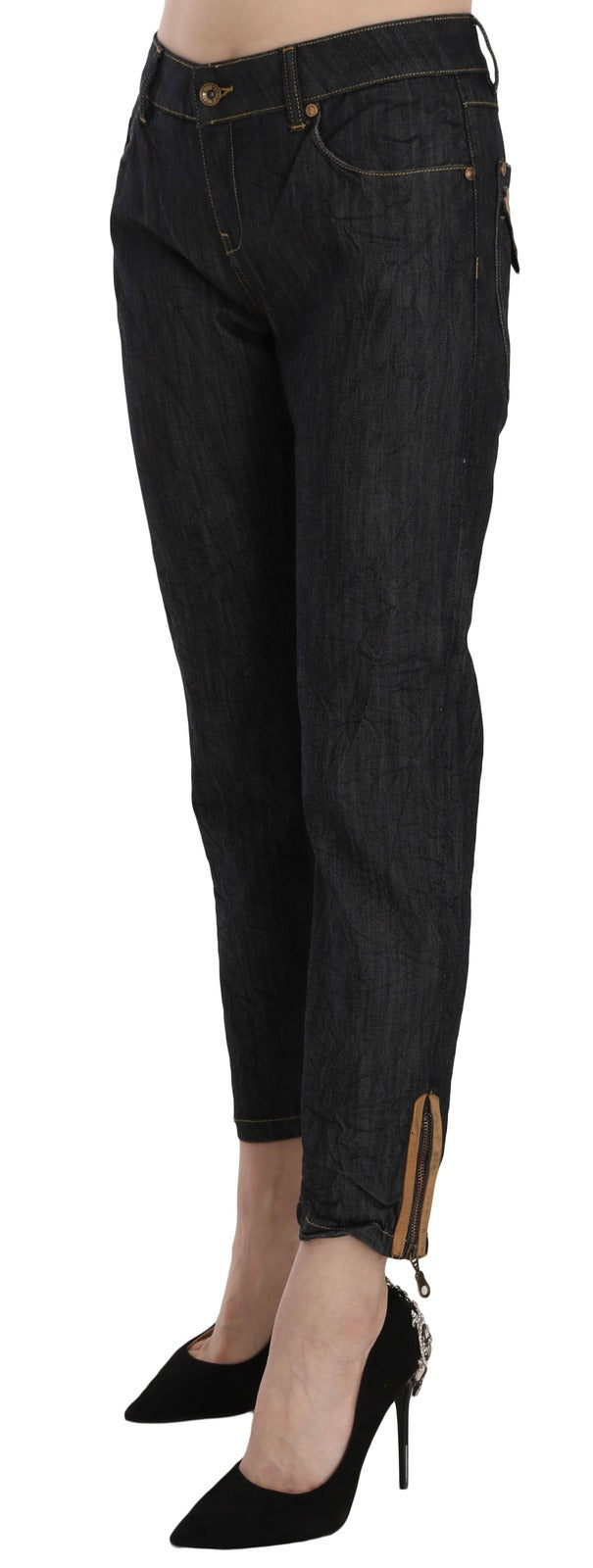 Dark blue cotton high waist straight cropped trouser jeans with ankle zippers