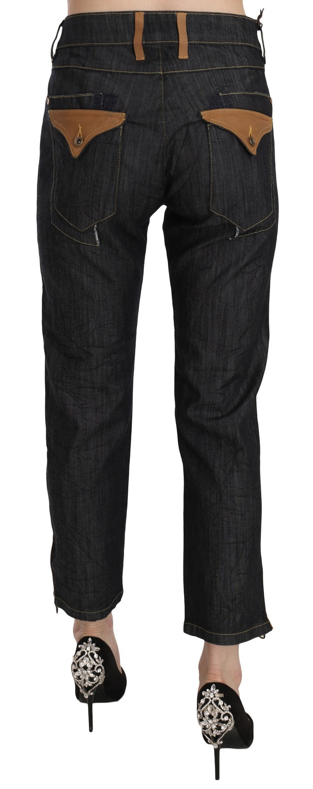 Dark blue denim high waist straight cropped jeans with tan pocket flaps
