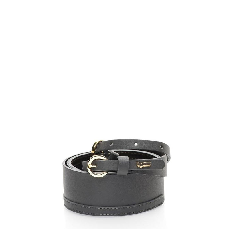 Gas gray polyethylene regular belt with a gold buckle coiled on a white background