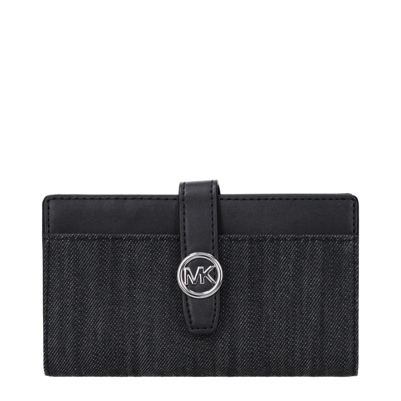 Michael Kors black denim fabric wallet with snap closure and silver logo accent