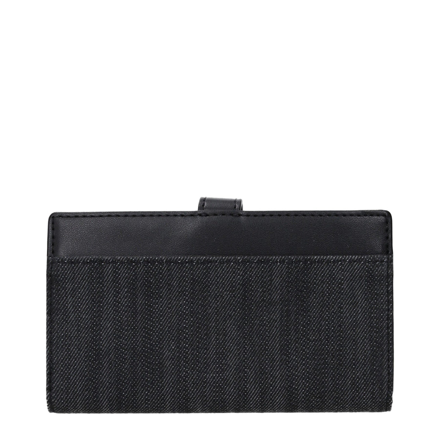 Michael Kors black denim fabric wallet with snap closure and silver logo accent