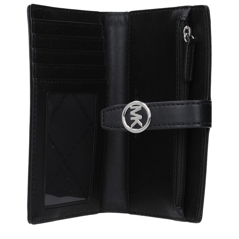 Open black fabric Michael Kors wallet with multiple card slots and a silver MK logo snap closure