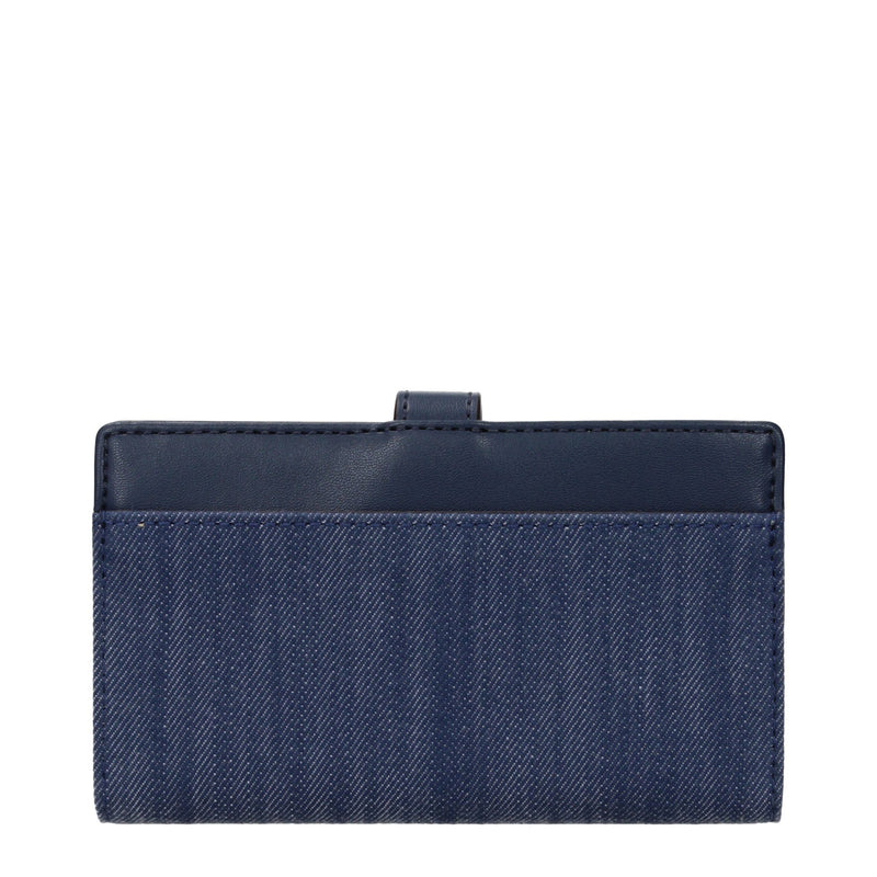 Blue denim and leather trifold wallet with a snap closure strap