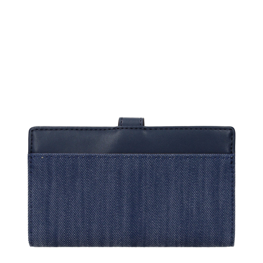 Blue denim fabric bifold wallet with dark blue leather trim and a silver MK logo clasp