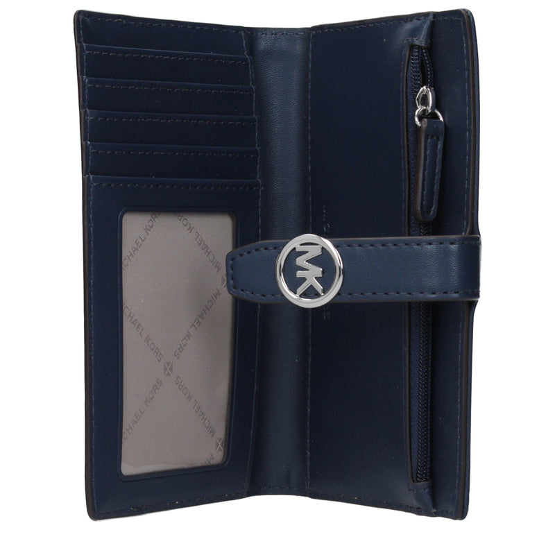 Blue leather bifold wallet featuring card slots, an ID window, and a silver MK logo snap closure
