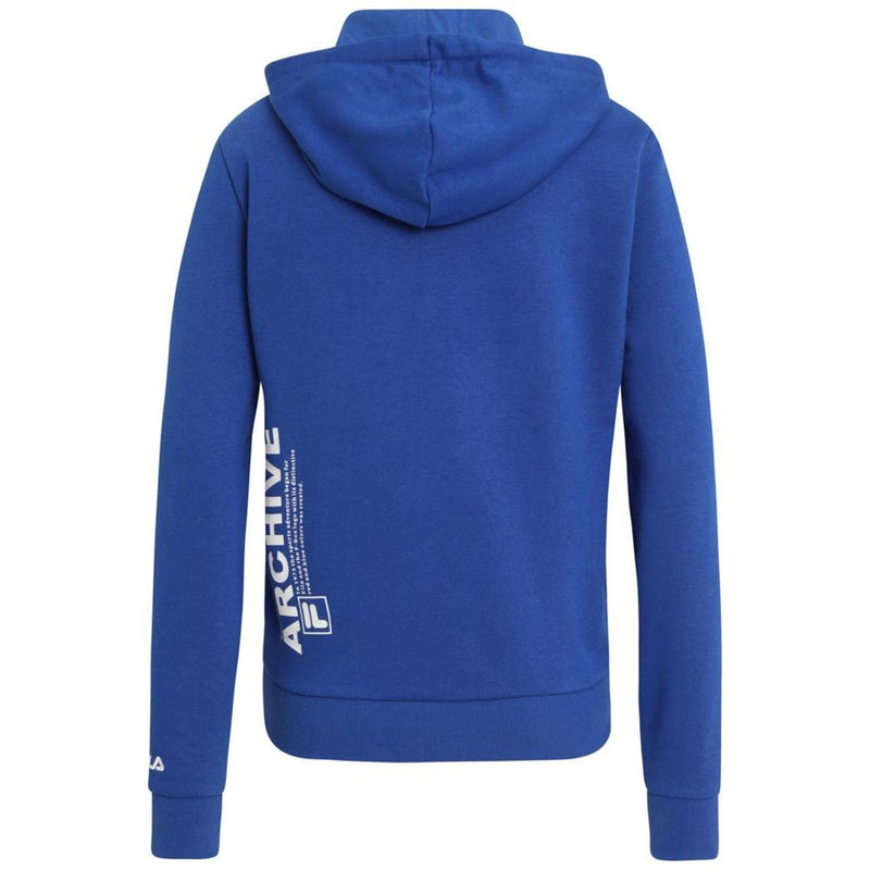 Blue cotton hoodie with a hood and white graphic print on the sleeve