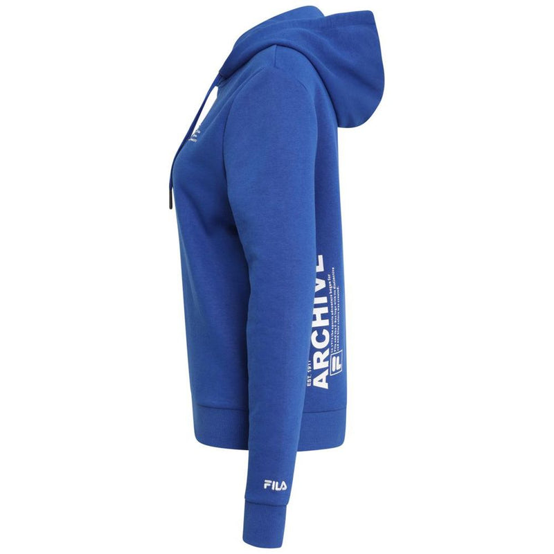 Royal blue cotton hoodie with a hood, drawstrings, and white Archive text on the side