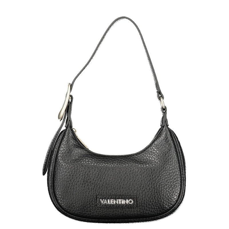 Black pebbled polyurethane hobo shoulder bag with a single strap and silver logo plaque