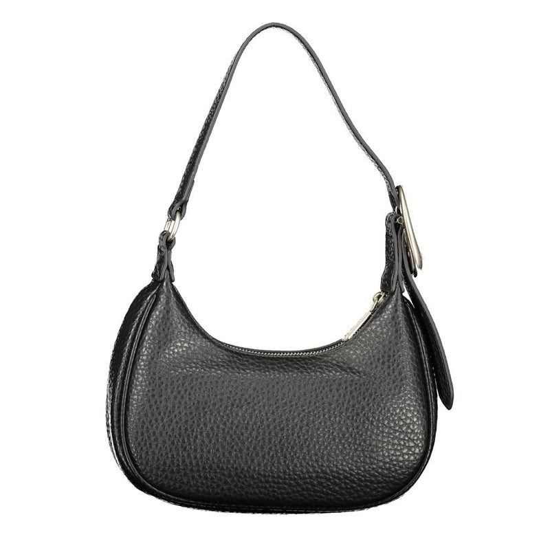 Black polyurethane structured hobo shoulder bag with pebble texture and buckle strap