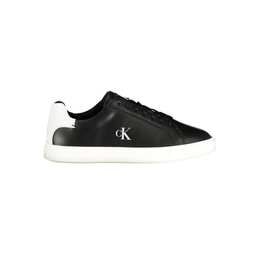 Calvin Klein women's black polyurethane sneaker with a white heel tab and chunky white sole.