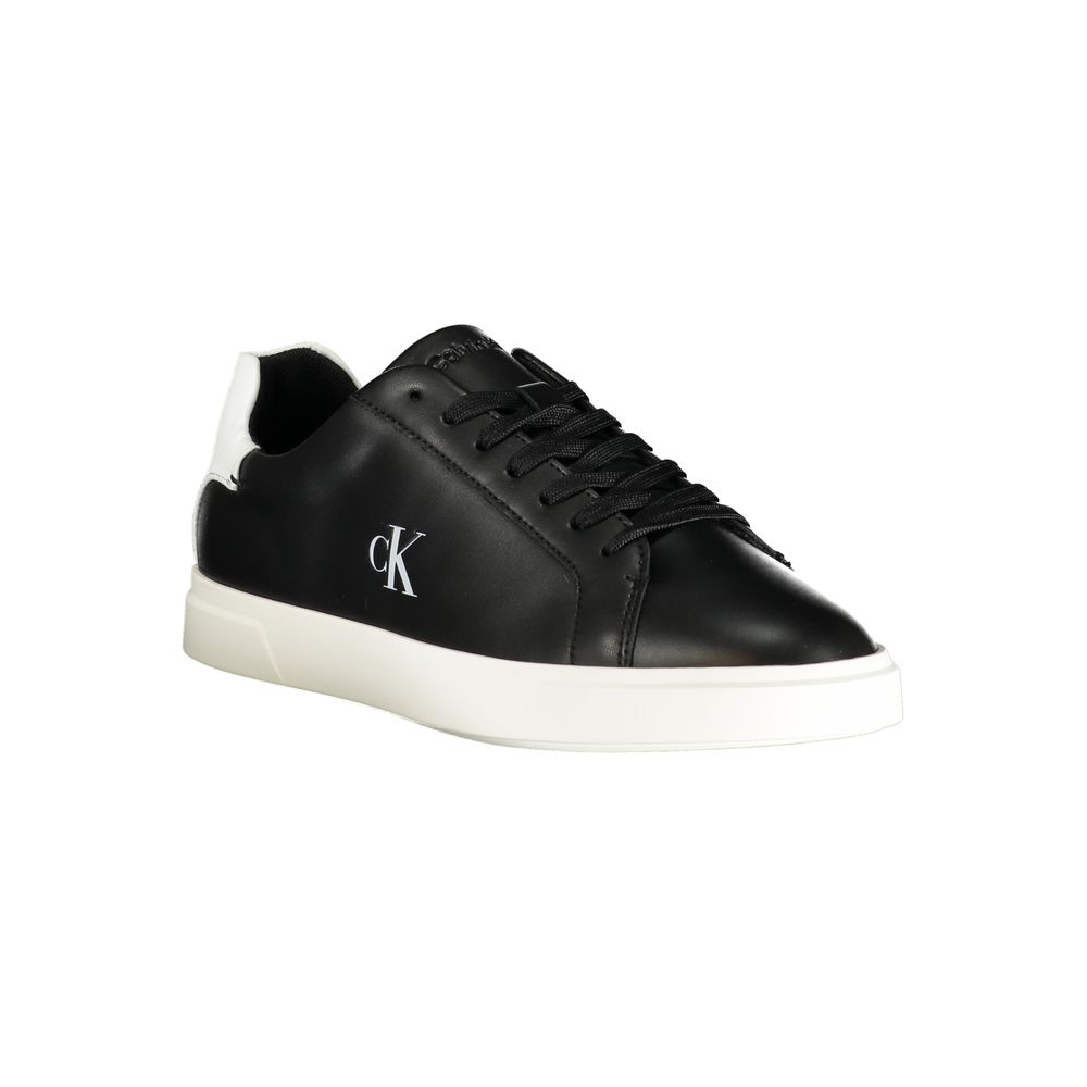 Calvin Klein black polyurethane lace-up sneaker with white heel tab and thick white rubber sole.