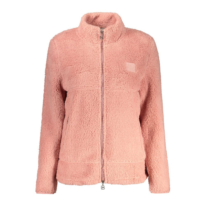 Pink plush fleece zip-up sweatshirt with a high collar
