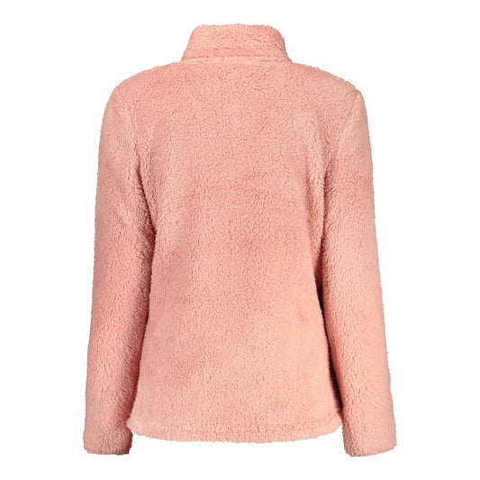 Pink fuzzy polyester women's sweatshirt with high collar shown from the back