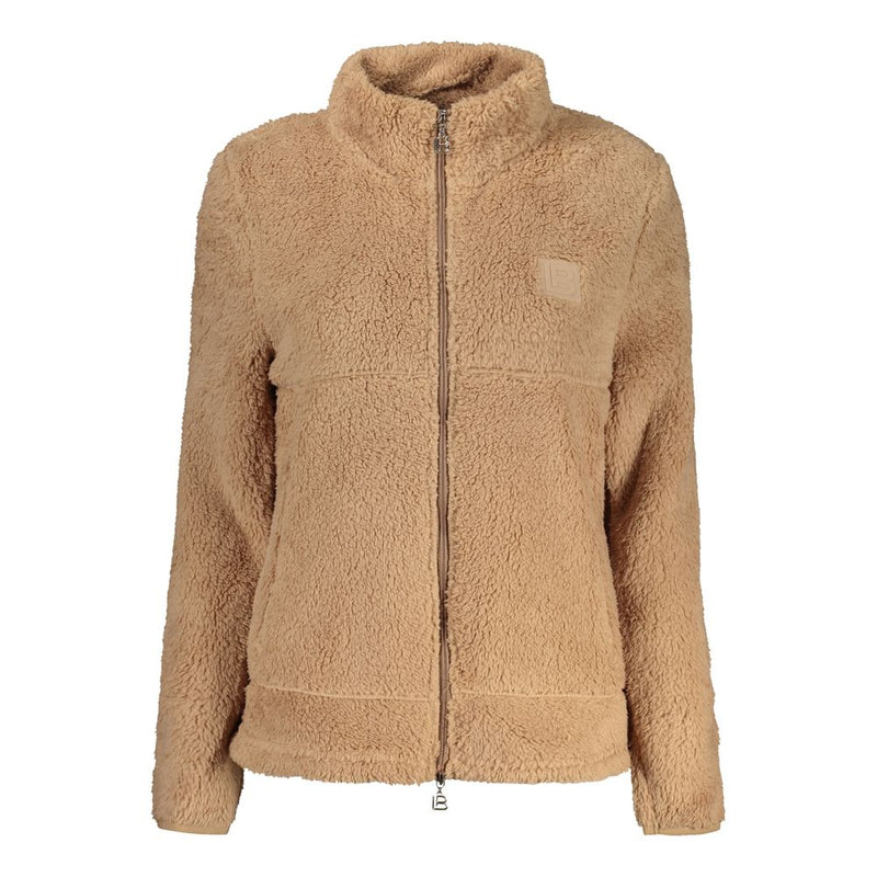 Brown fleece zip-up sweatshirt with a high collar and logo patch