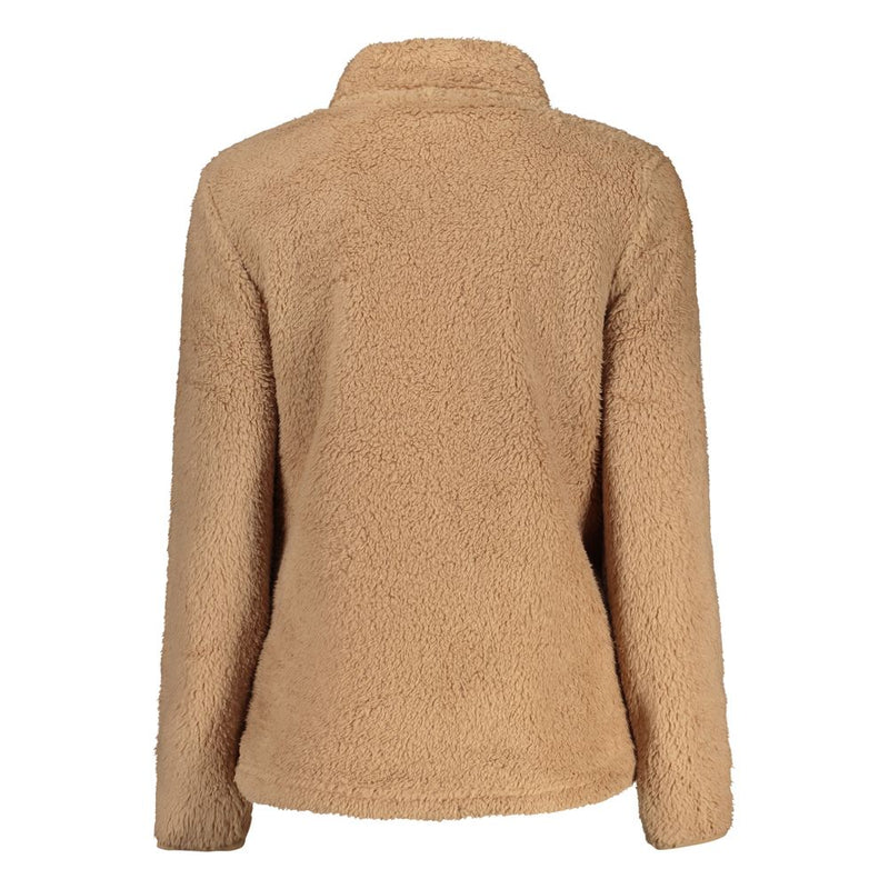 Brown fluffy fleece sweatshirt with a high collar viewed from the back