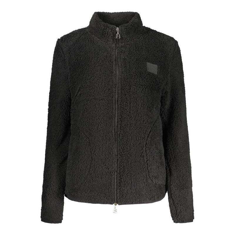 Black fuzzy fleece zip-up sweatshirt with a high collar and logo patch