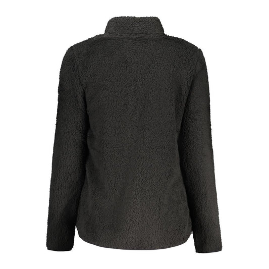 Black fuzzy fleece women sweatshirt with long sleeves and high collar shown from the back