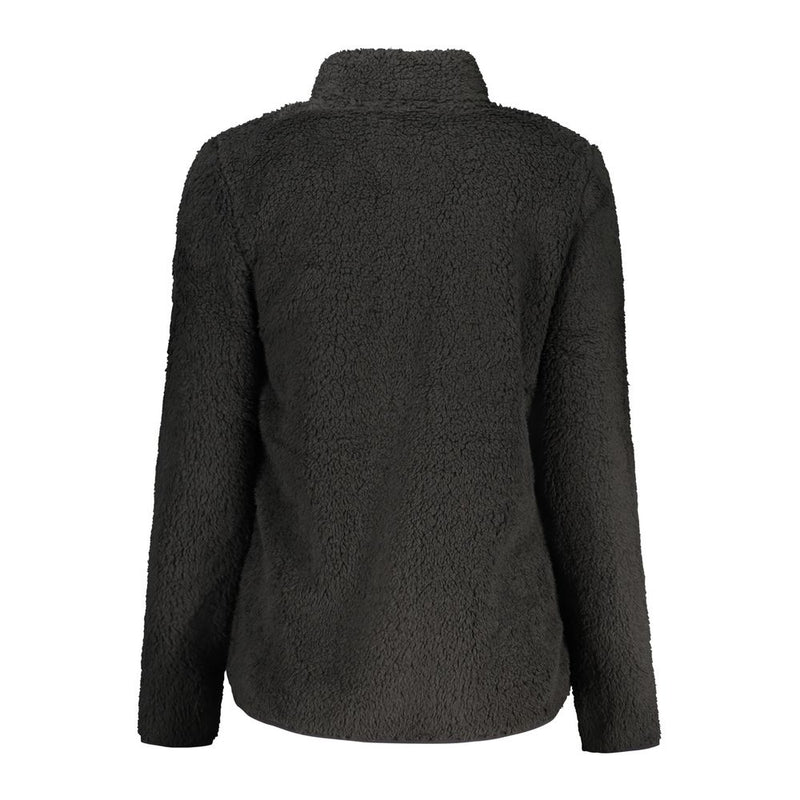 Black fuzzy fleece women sweatshirt with long sleeves and high collar shown from the back