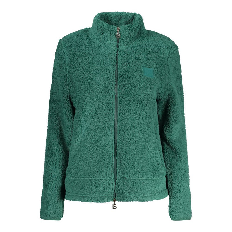 Green fluffy polyester women's zip-up sweatshirt with high collar
