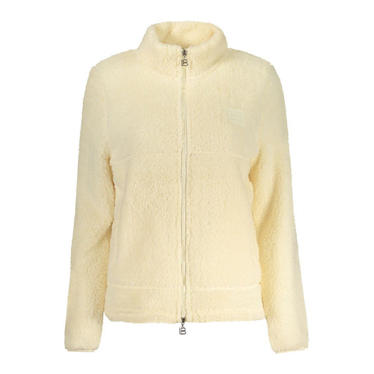 Beige fuzzy polyester zip-up sweatshirt with high neck