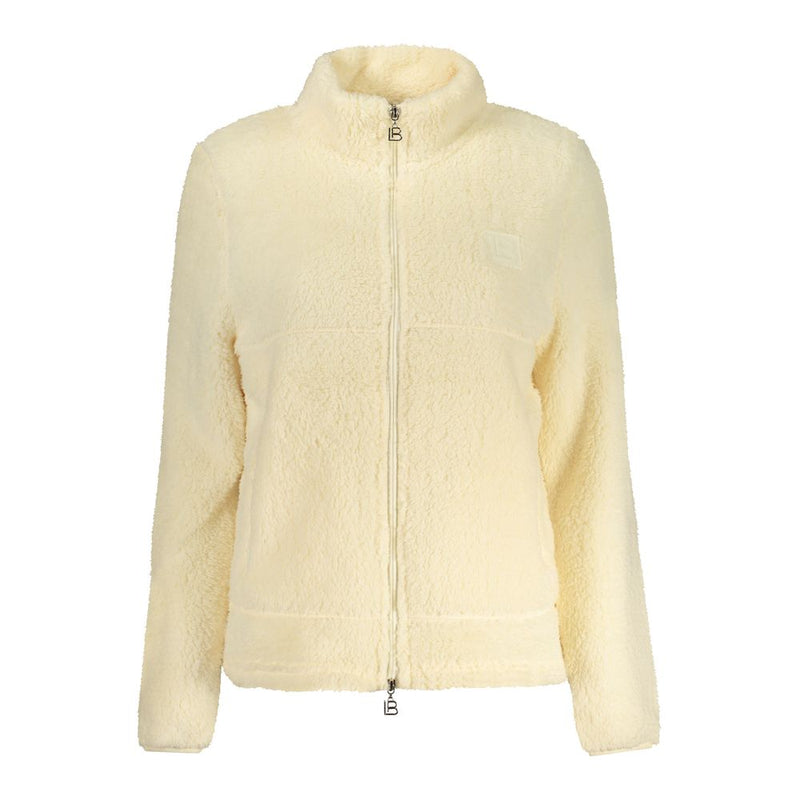 Beige fuzzy polyester zip-up sweatshirt with high neck