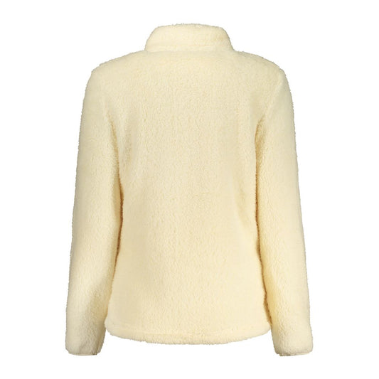 Beige fuzzy polyester fleece women sweatshirt with high collar shown from the back