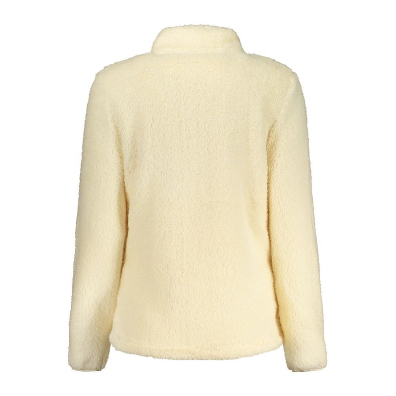 Beige fuzzy polyester fleece women sweatshirt with high collar shown from the back