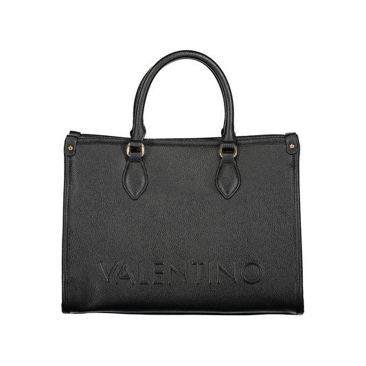 Black polyurethane structured tote bag with top handles and embossed Valentino logo