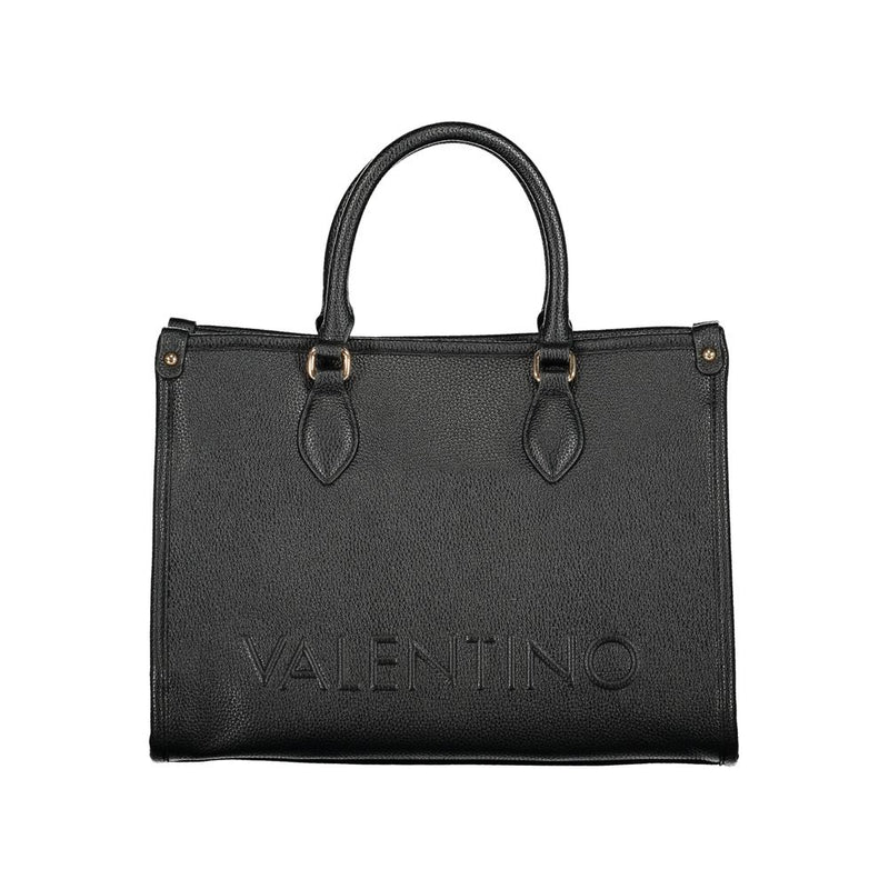 Black polyurethane structured tote bag with top handles and embossed Valentino logo