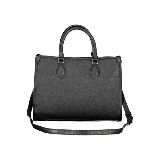 Black faux leather structured handbag with two top handles and a shoulder strap