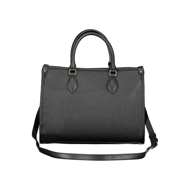Black faux leather structured handbag with two top handles and a shoulder strap