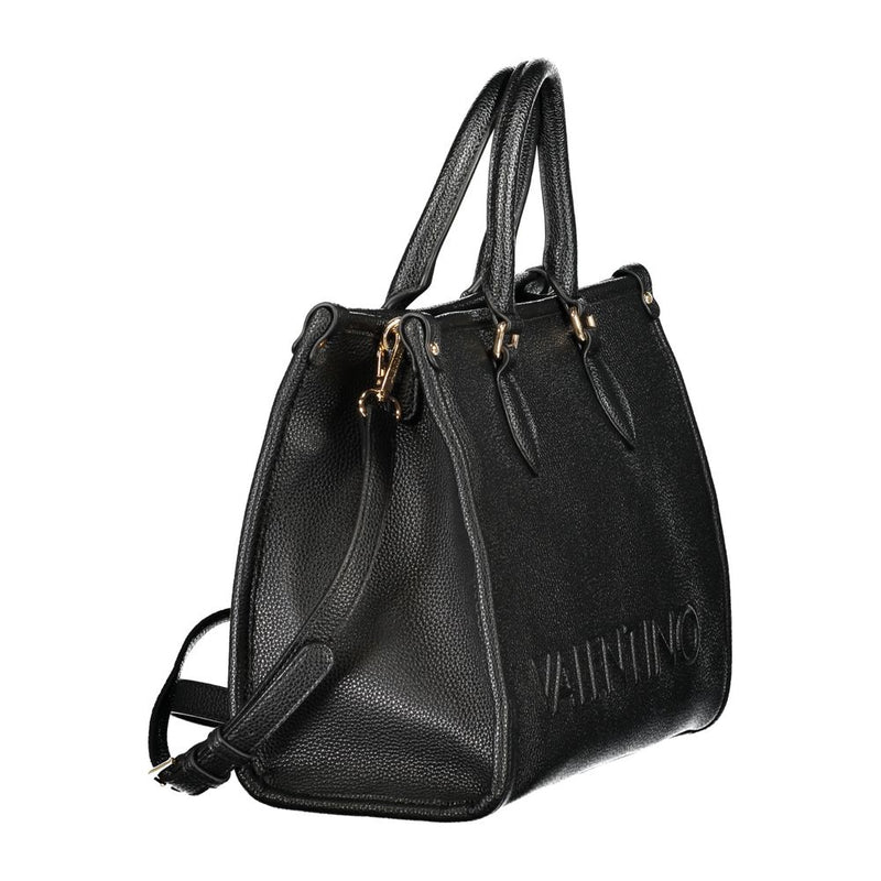 Black textured polyurethane women's handbag with top handles and shoulder strap