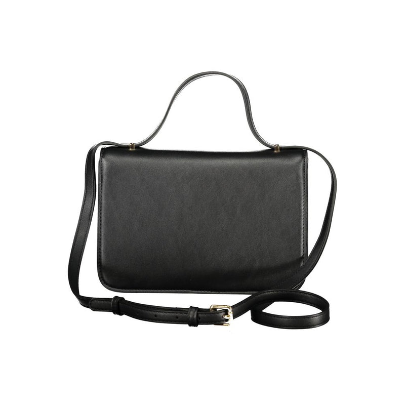 Black polyurethane structured women's handbag with a top handle and adjustable shoulder strap