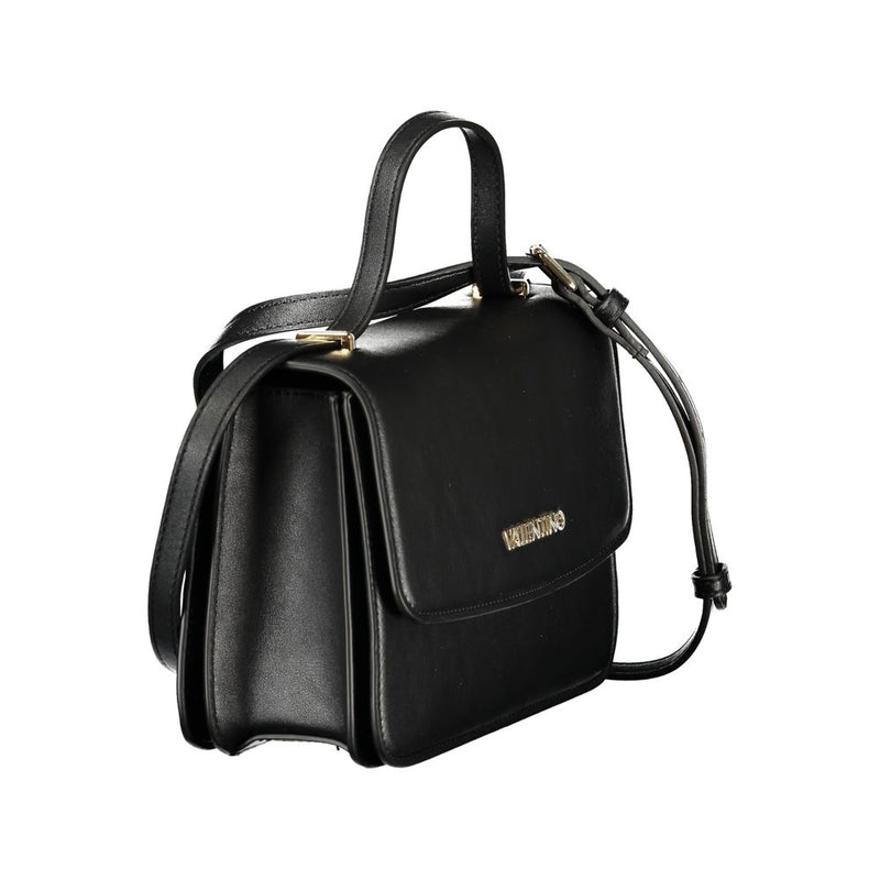 Black polyurethane structured women's handbag with a top handle and shoulder strap