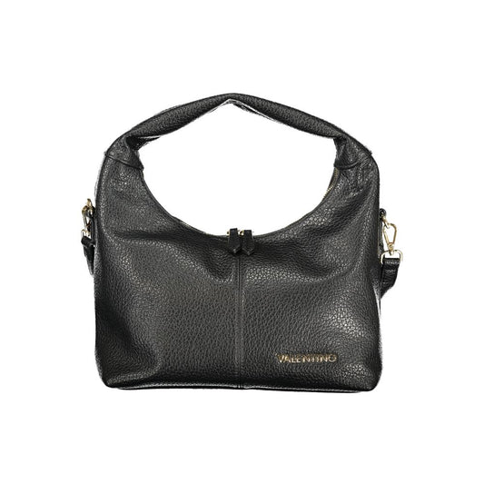 Black faux leather hobo shoulder bag with zipper closure and gold branding