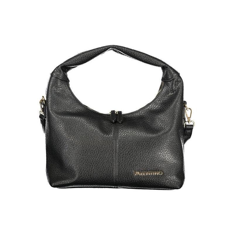 Black faux leather hobo shoulder bag with zipper closure and gold branding