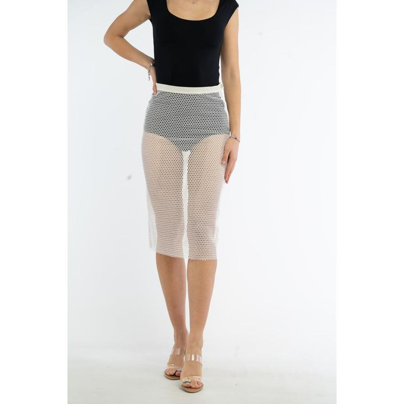 Patrizia Pepe white polyester mesh midi skirt worn with a black top