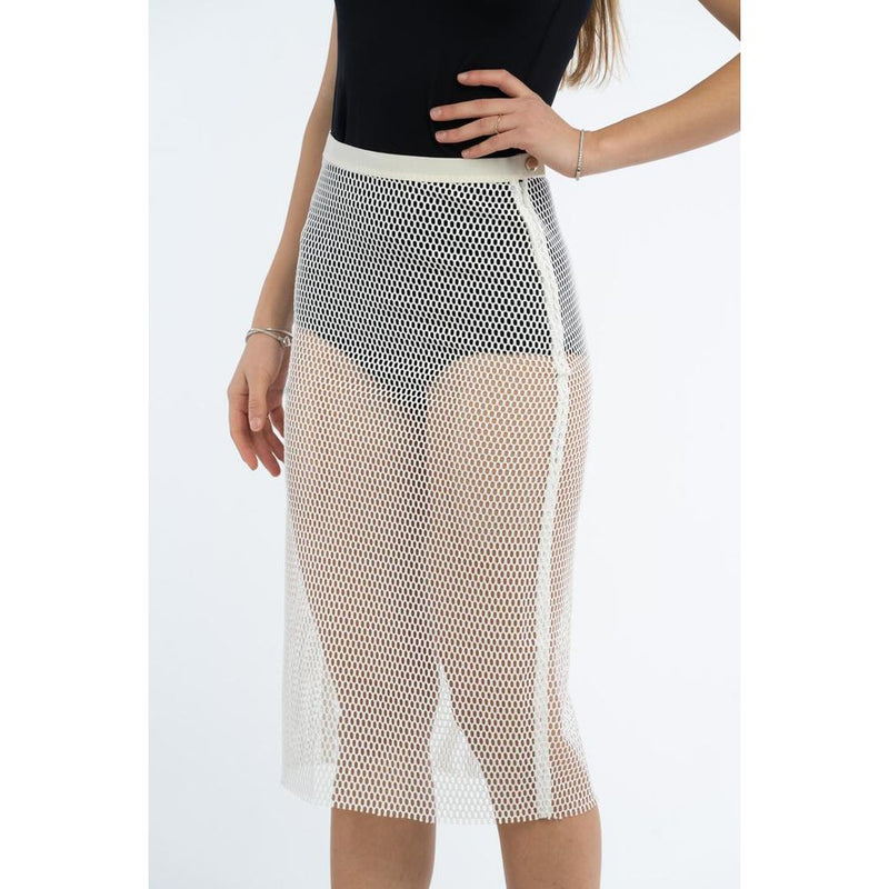 White polyester mesh midi skirt with a fitted silhouette and side zipper