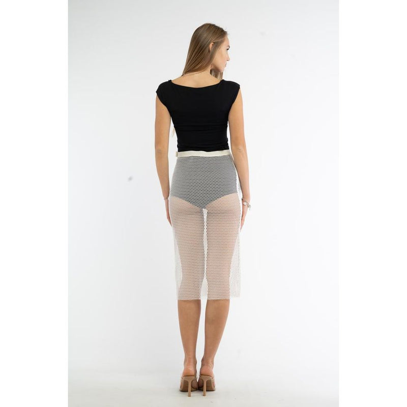 White polyester mesh midi skirt worn over black shorts