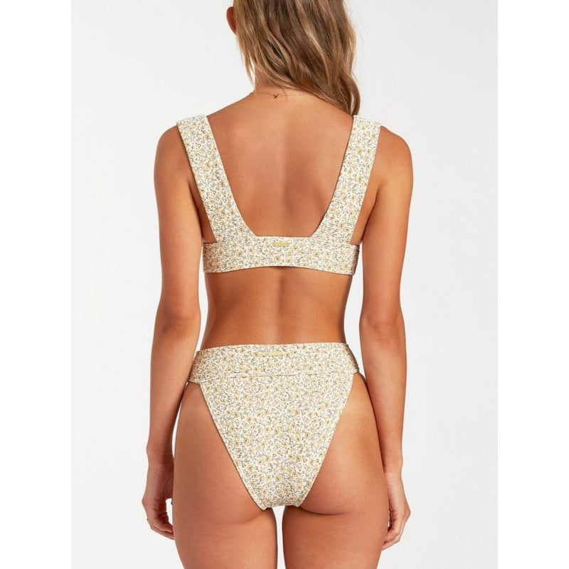 Beige floral print polyester two-piece swimsuit seen from the back