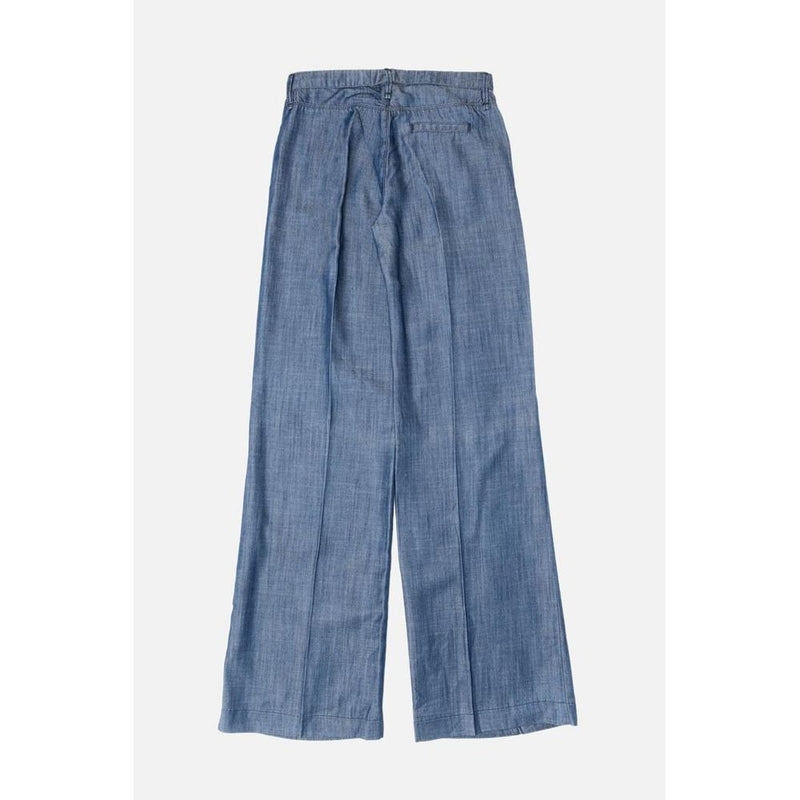 Gas blue wide-leg denim pants featuring a comfortable elastic waistband and pressed center creases