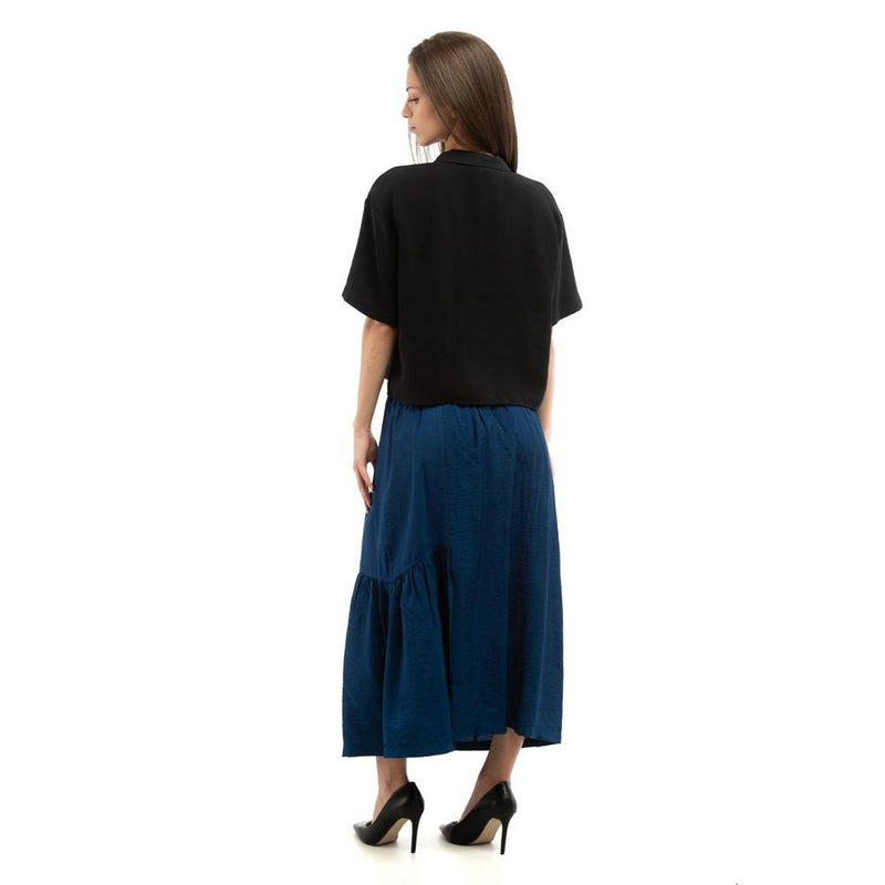 Patrizia Pepe blue viscose long skirt worn by a model from the back
