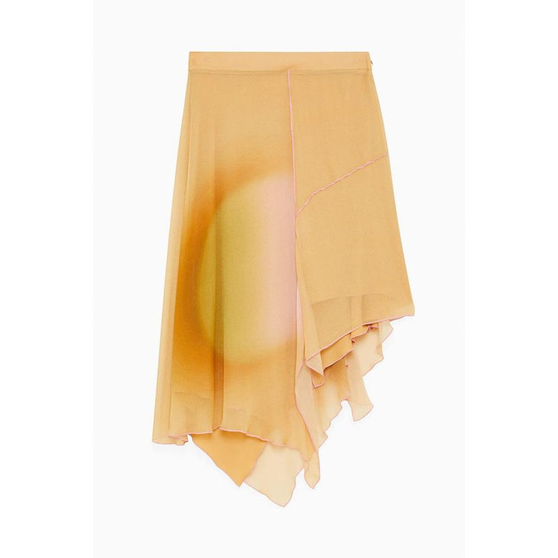 Multicolor viscose long skirt with abstract sunburst print and asymmetrical ruffled hem
