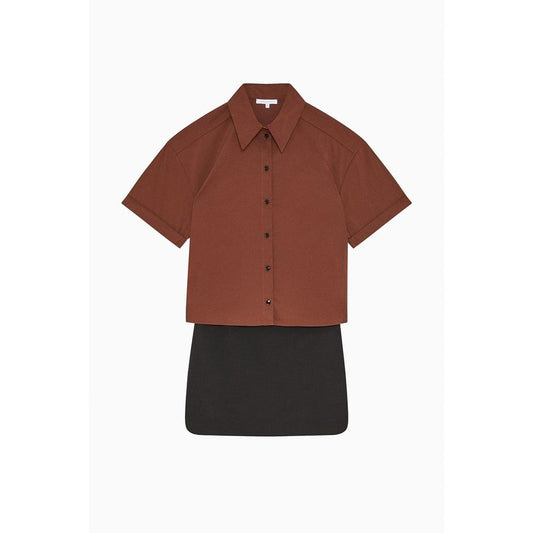 Brown and black polyester shortsleeve button-up shirt with pointed collar