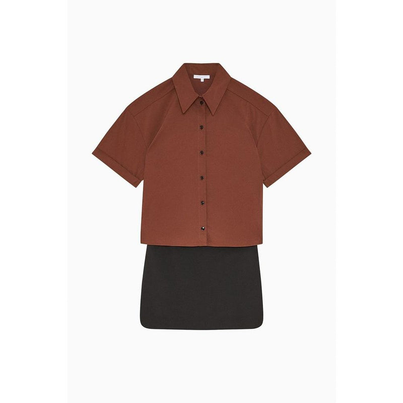 Brown and black polyester shortsleeve button-up shirt with pointed collar