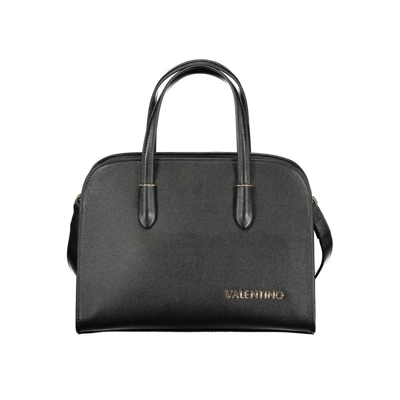 Black polyurethane structured handbag with dual top handles and gold logo lettering