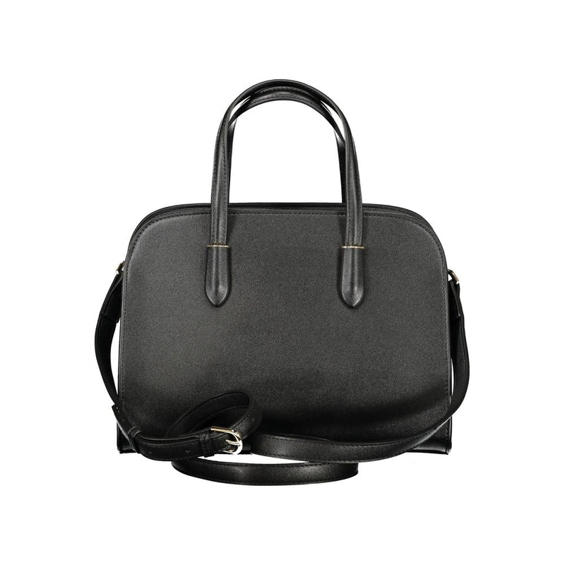 Black polyurethane structured handbag with dual top handles and a shoulder strap