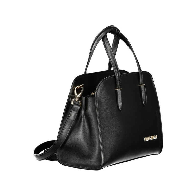 Black polyurethane women's handbag with structured design, dual top handles, and detachable shoulder strap