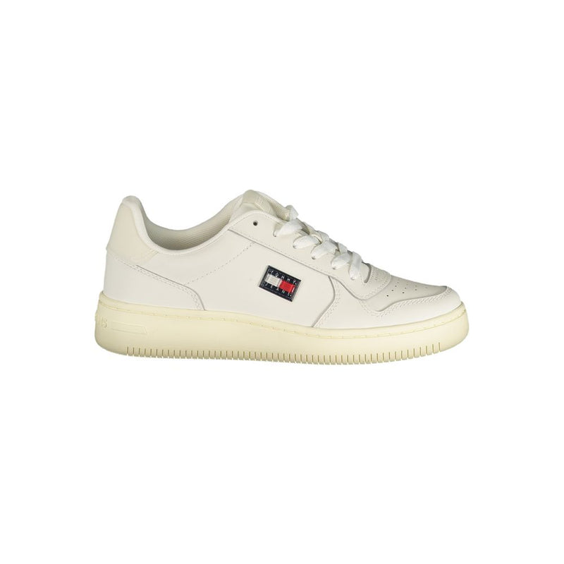 White Tommy Hilfiger polyurethane sneaker in a classic low-top court style with a side logo patch.